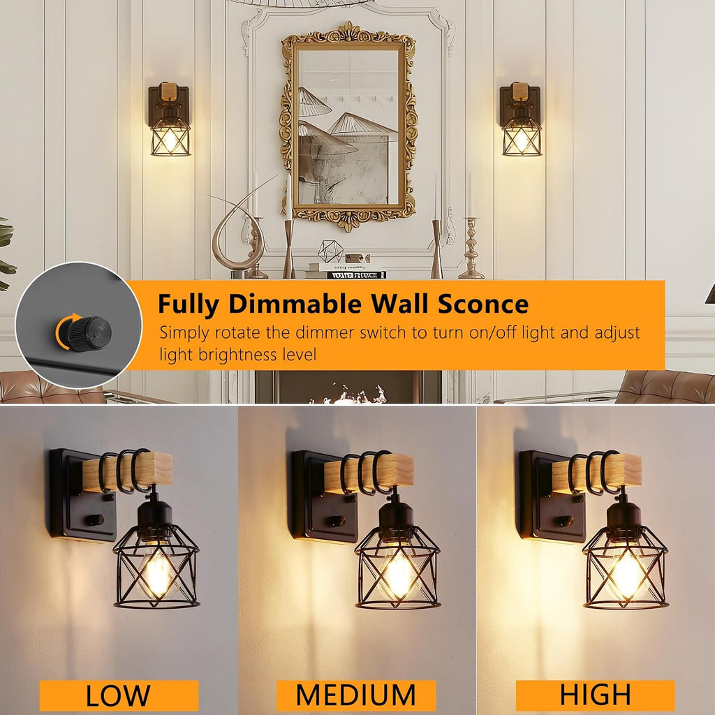 Wood Black Metal Cage Dimmable Wall Sconces Set of 2 with Rotary Switch