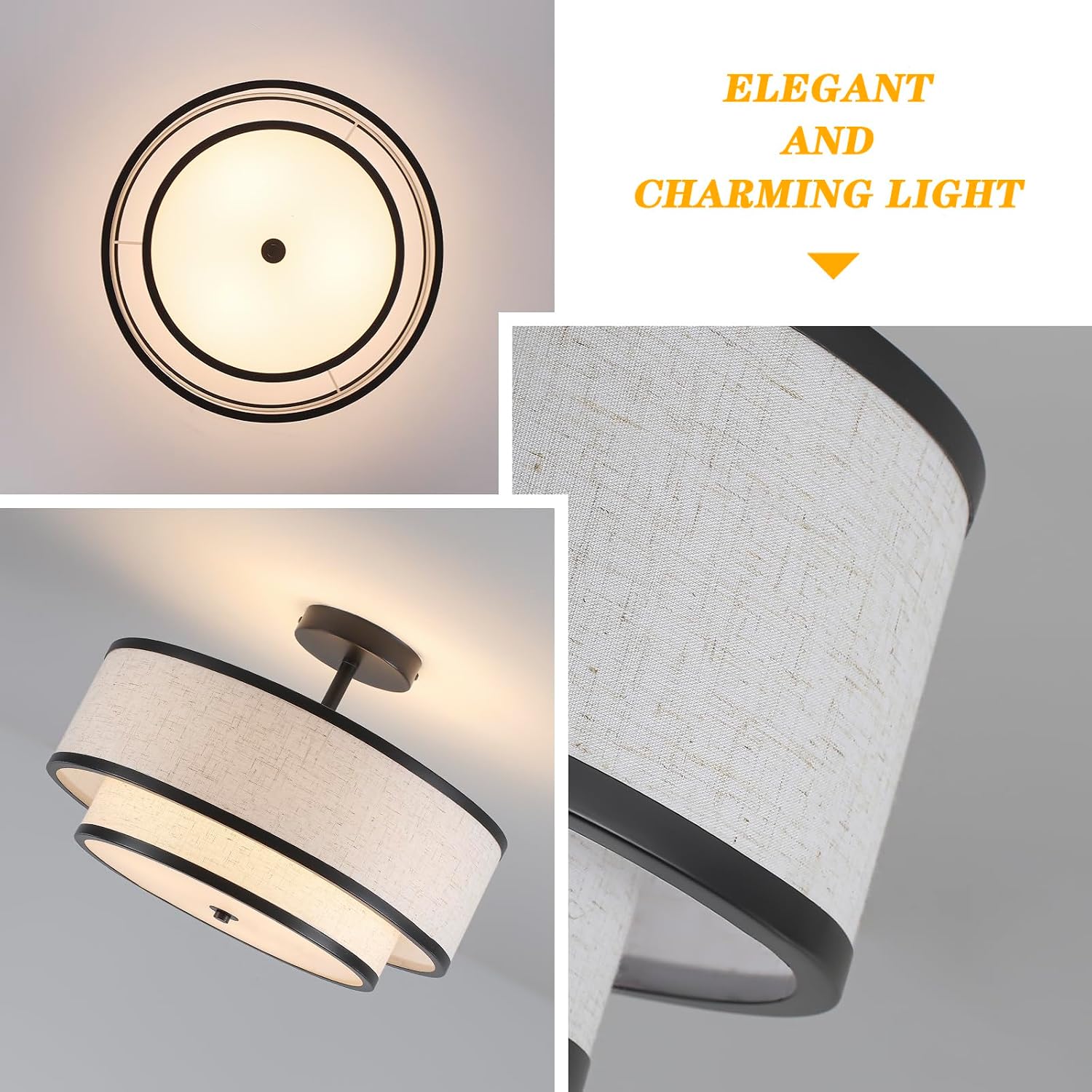 Black 3-Light Double Fabric Drum Flush Ceiling Light