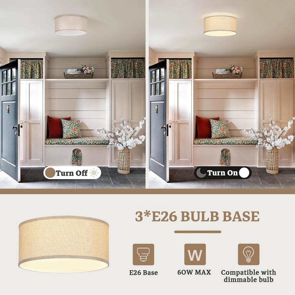 13" Burlap Linen 3-Light Drum Semi Flush Ceiling Light