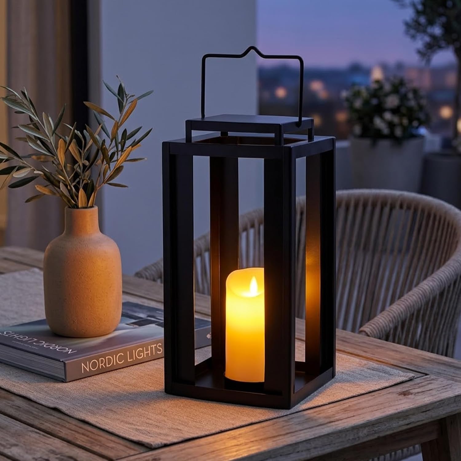 17" Black Metal Candle Lantern