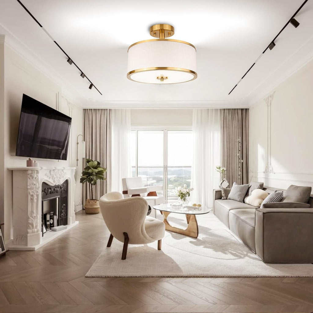 12.6" Gold White Fabric 3-Light Drum Ceiling Light