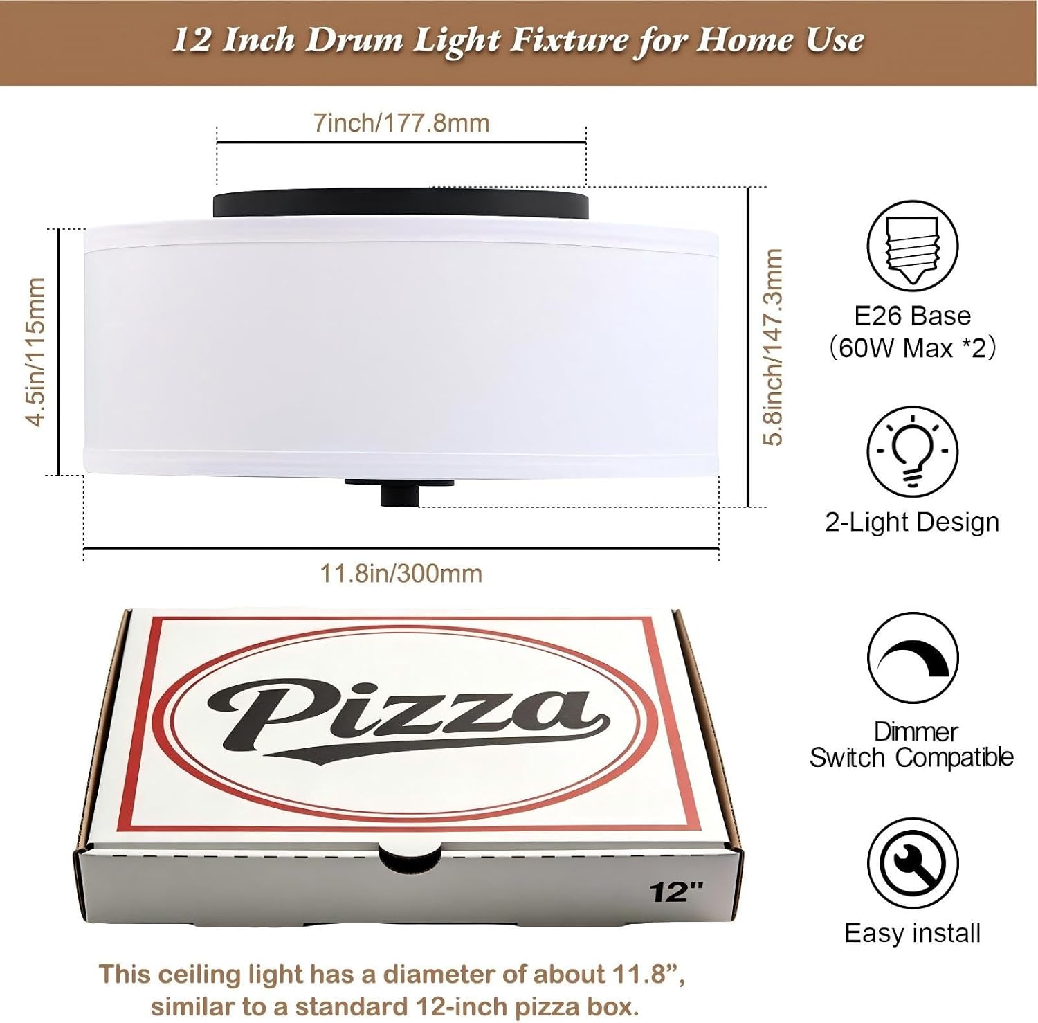 12" White Fabric Drum 2-Light Flush Ceiling Light