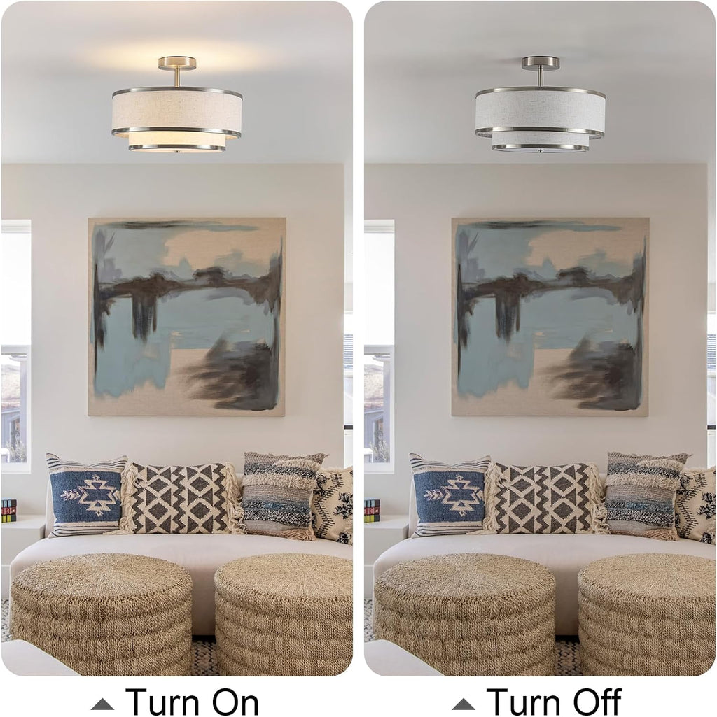 Brushed Nickel 3-Light Double Fabric Drum Ceiling Light