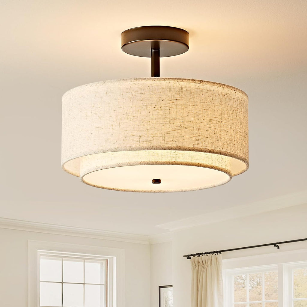12.6" Black Linen 3-Light Drum Semi Flush Ceiling Light