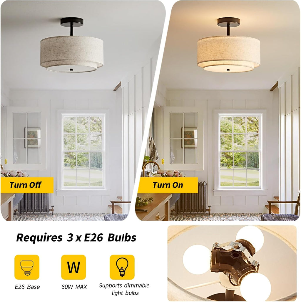 12.6" Black Linen 3-Light Drum Semi Flush Ceiling Light