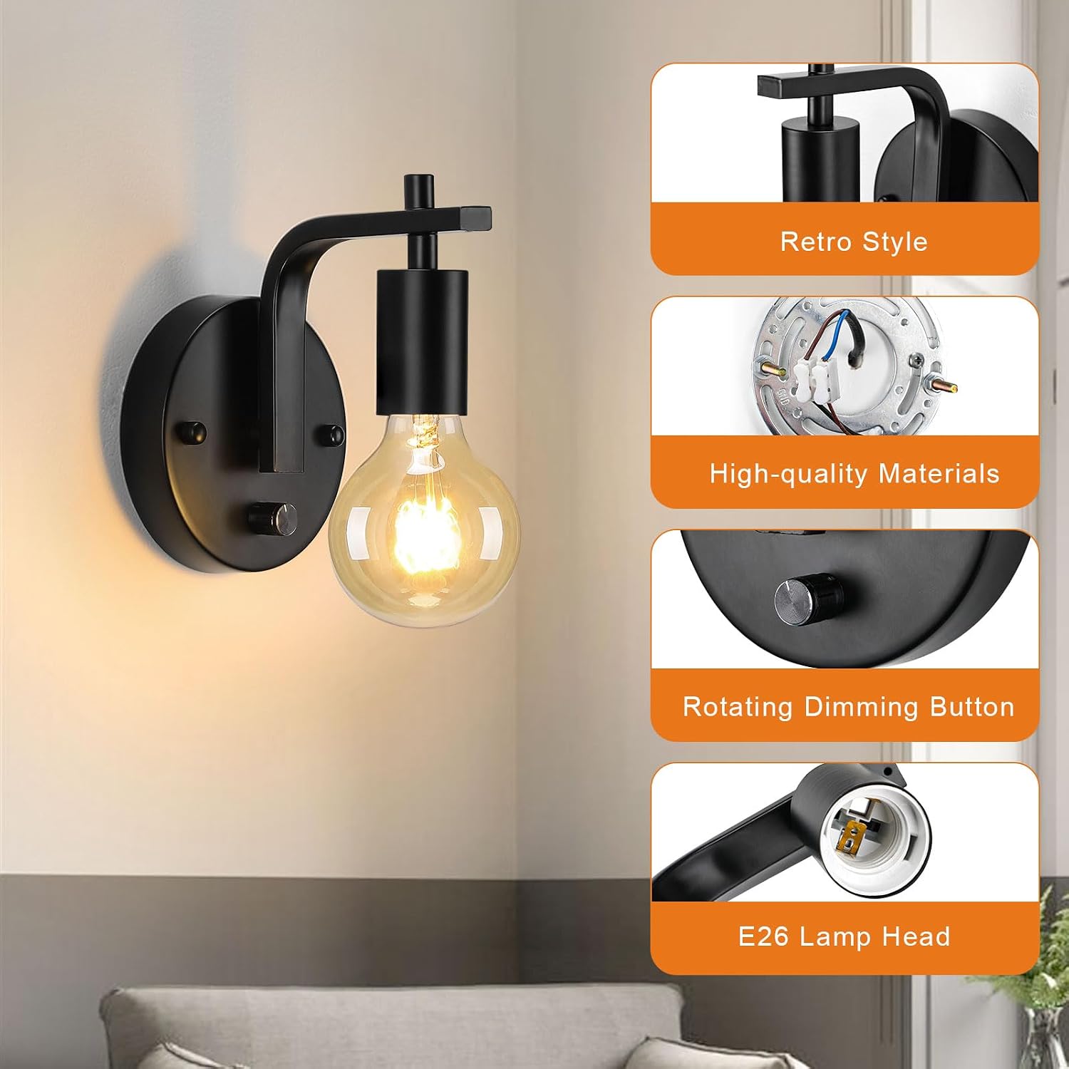 Black Dimmable Wall Sconces Set of 2 with Switch