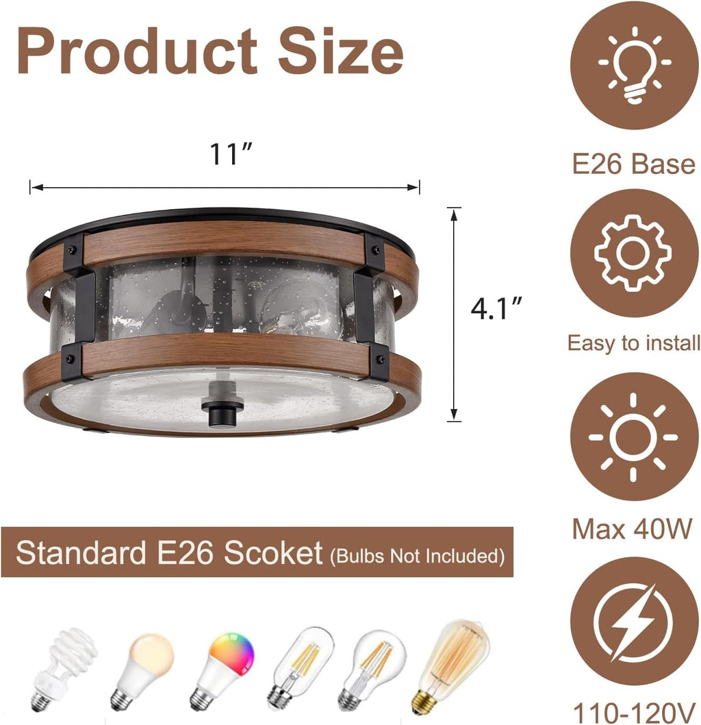 2-Light Black Wood Grain Seeded Glass Drum Ceiling Light