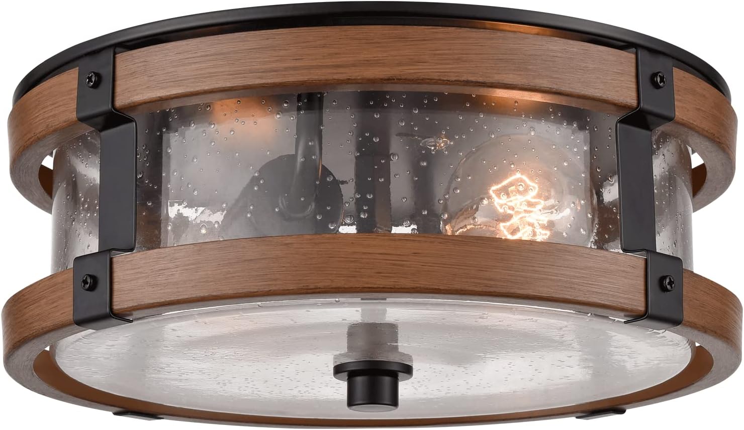 2-Light Black Wood Grain Seeded Glass Drum Ceiling Light