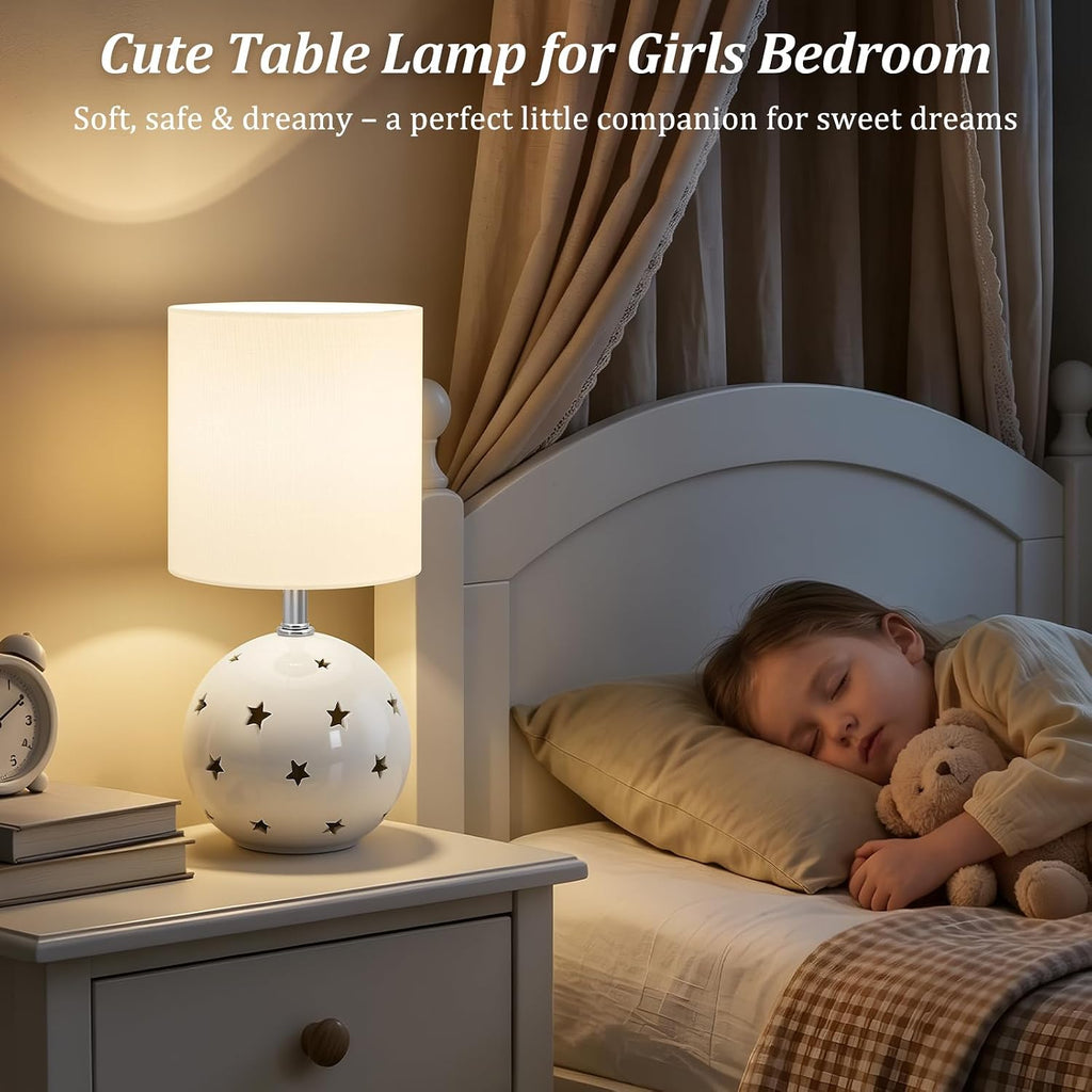 14" White Ceramic 3-Color Linen Shade Table Lamp