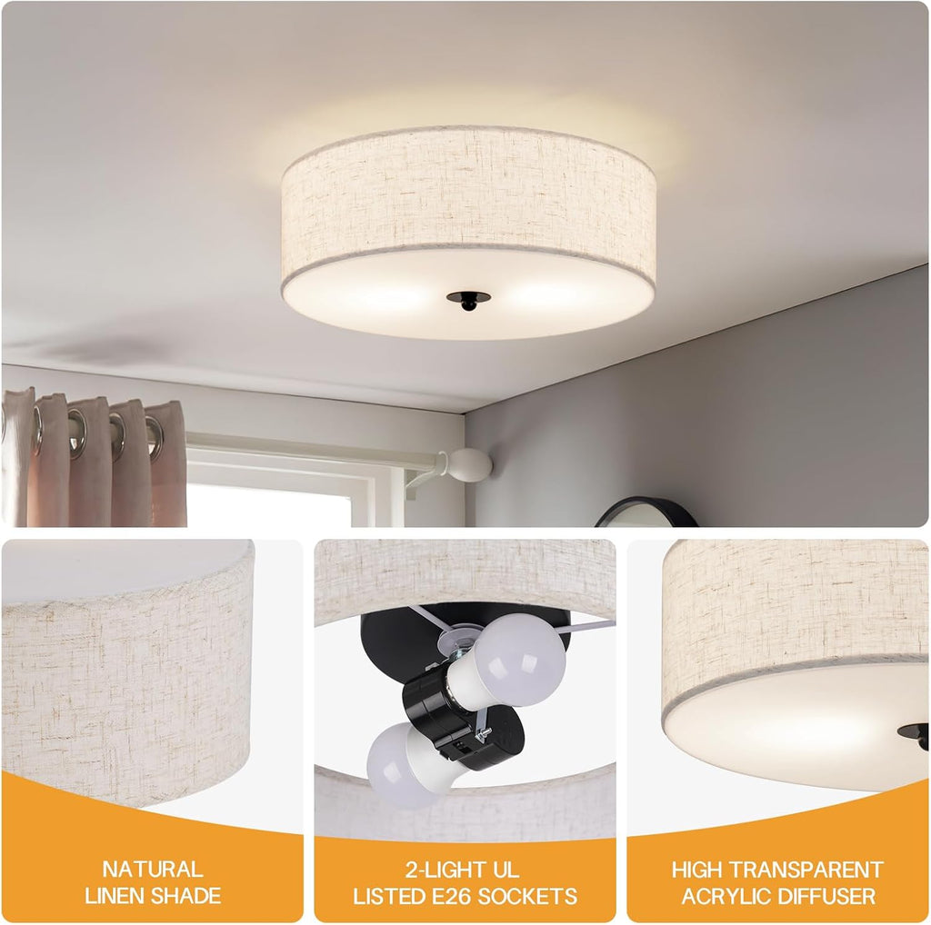 13" Beige Linen Drum 2-Light Flush Ceiling Light