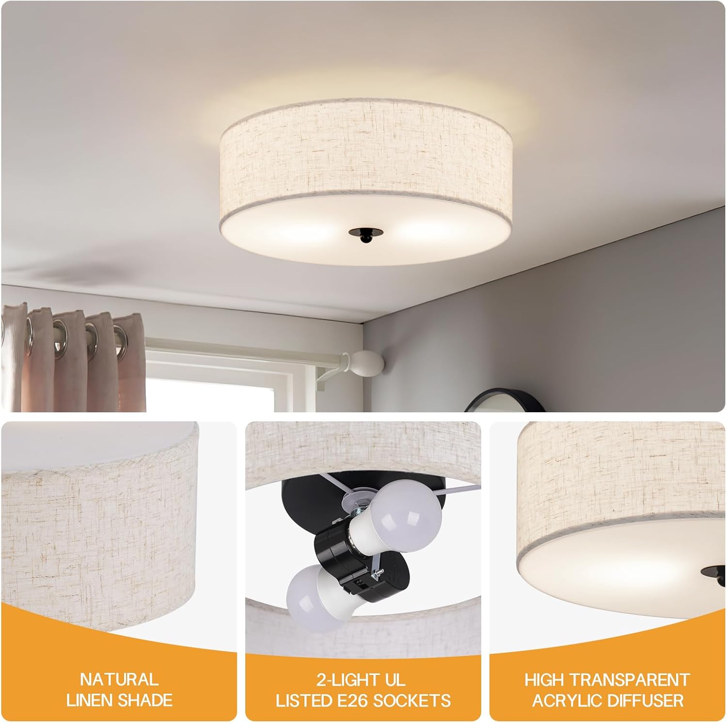 13" Beige Linen Drum 2-Light Flush Ceiling Light