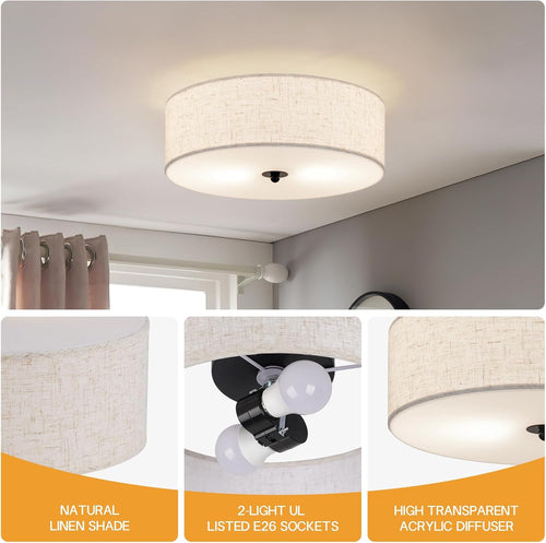 13" Beige Linen Drum 2-Light Flush Ceiling Light