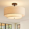 16" Linen Shade 3-Light Drum Semi Flush Ceiling Light
