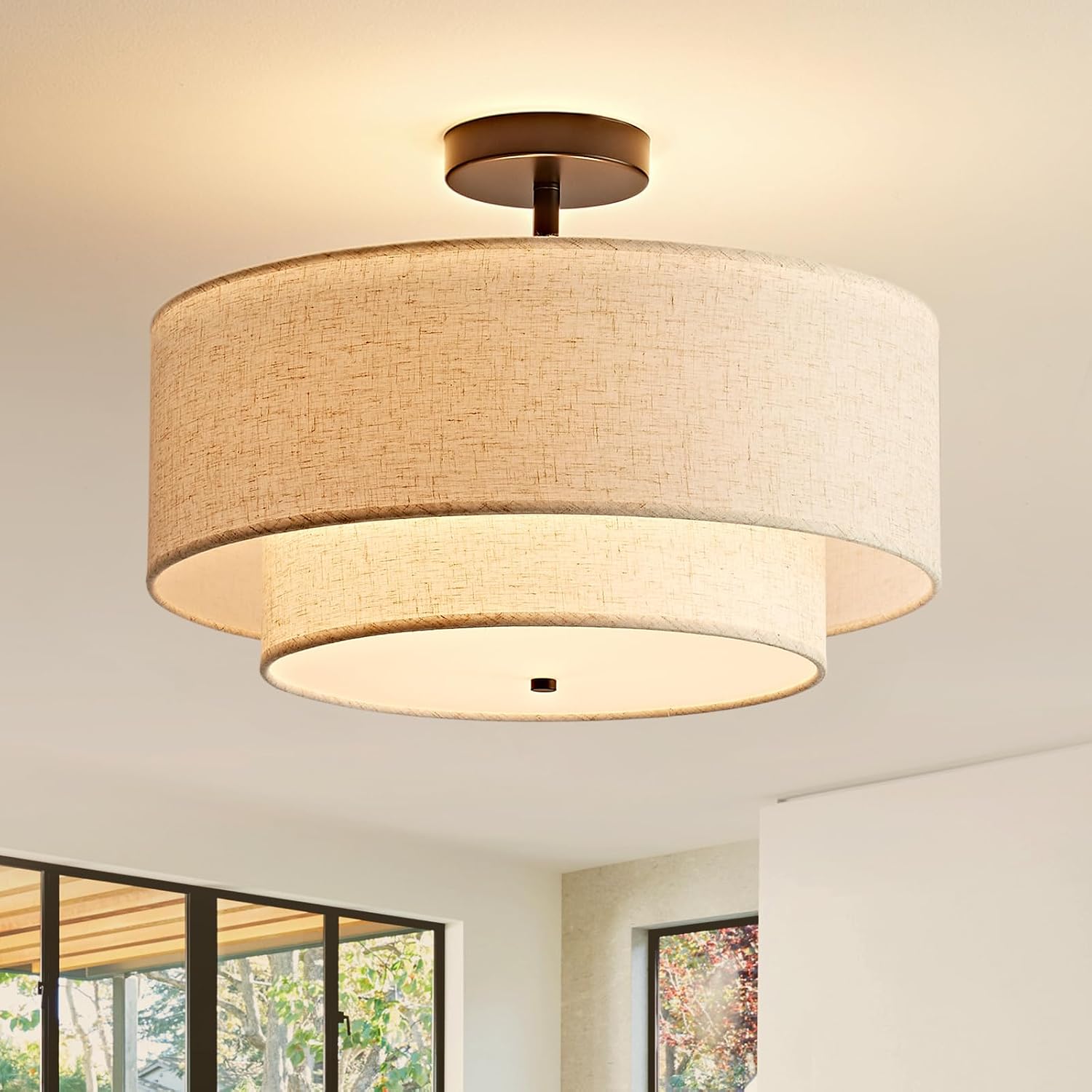 16" Linen Shade 3-Light Drum Semi Flush Ceiling Light