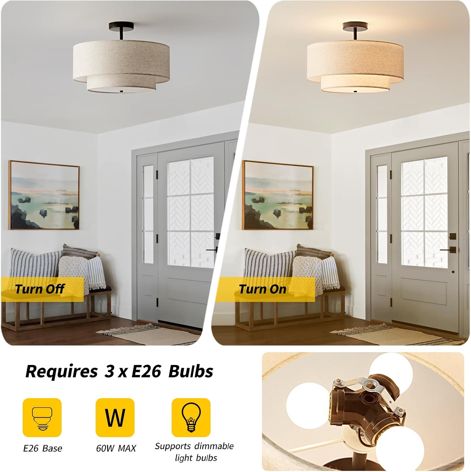 16" Linen Shade 3-Light Drum Semi Flush Ceiling Light