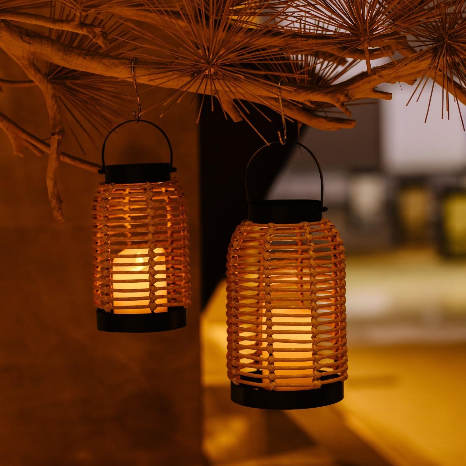 14" Black Rattan LED Lantern