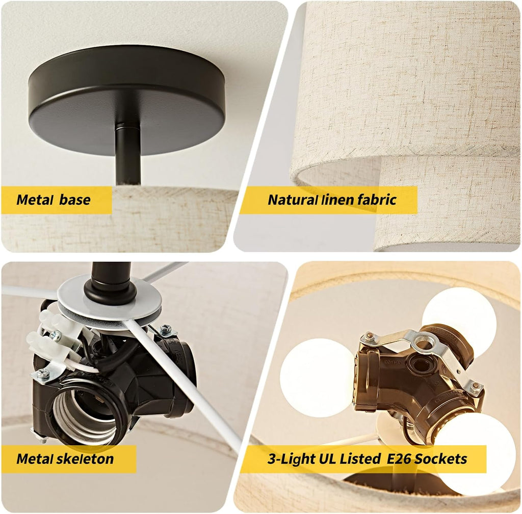 12.6" Black Linen 3-Light Drum Semi Flush Ceiling Light