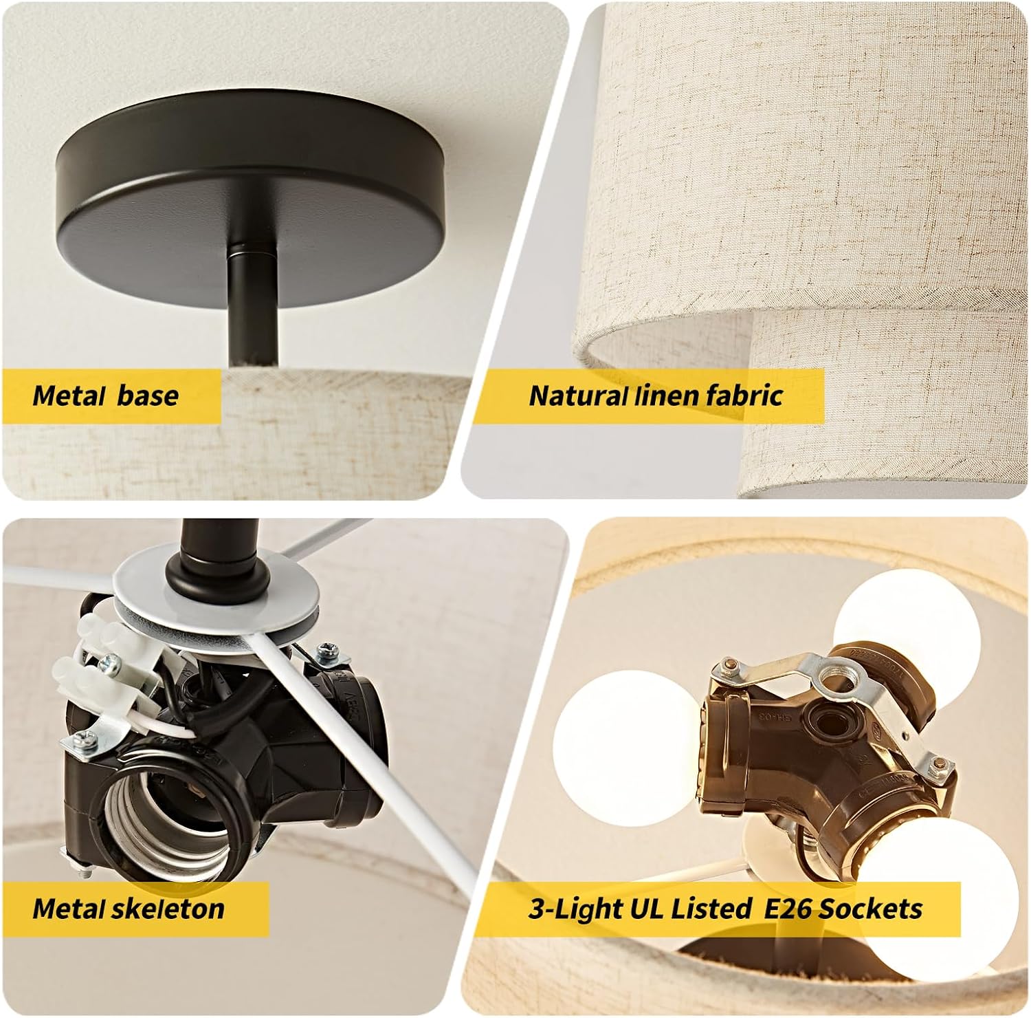 12.6" Black Linen 3-Light Drum Semi Flush Ceiling Light