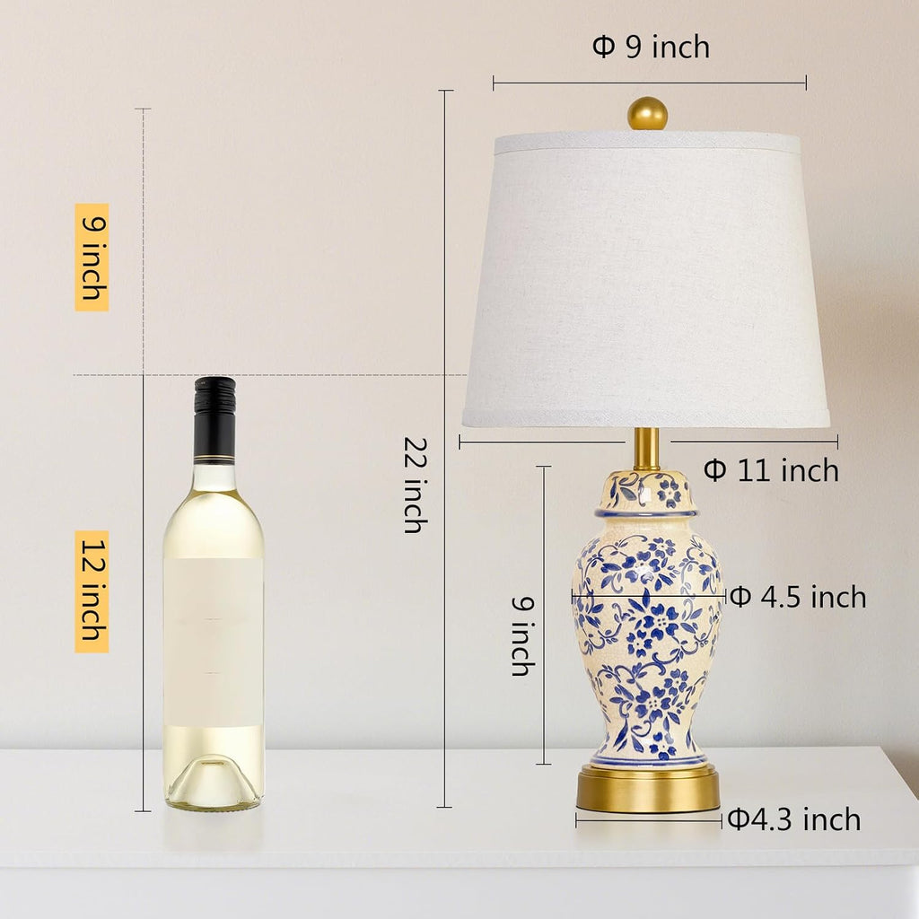 Blue Porcelain Gold Accent Ceramic Table Lamps Set of 2 with Bulbs