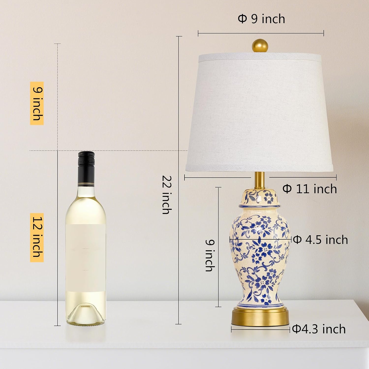 Blue Porcelain Gold Accent Ceramic Table Lamps Set of 2 with Bulbs