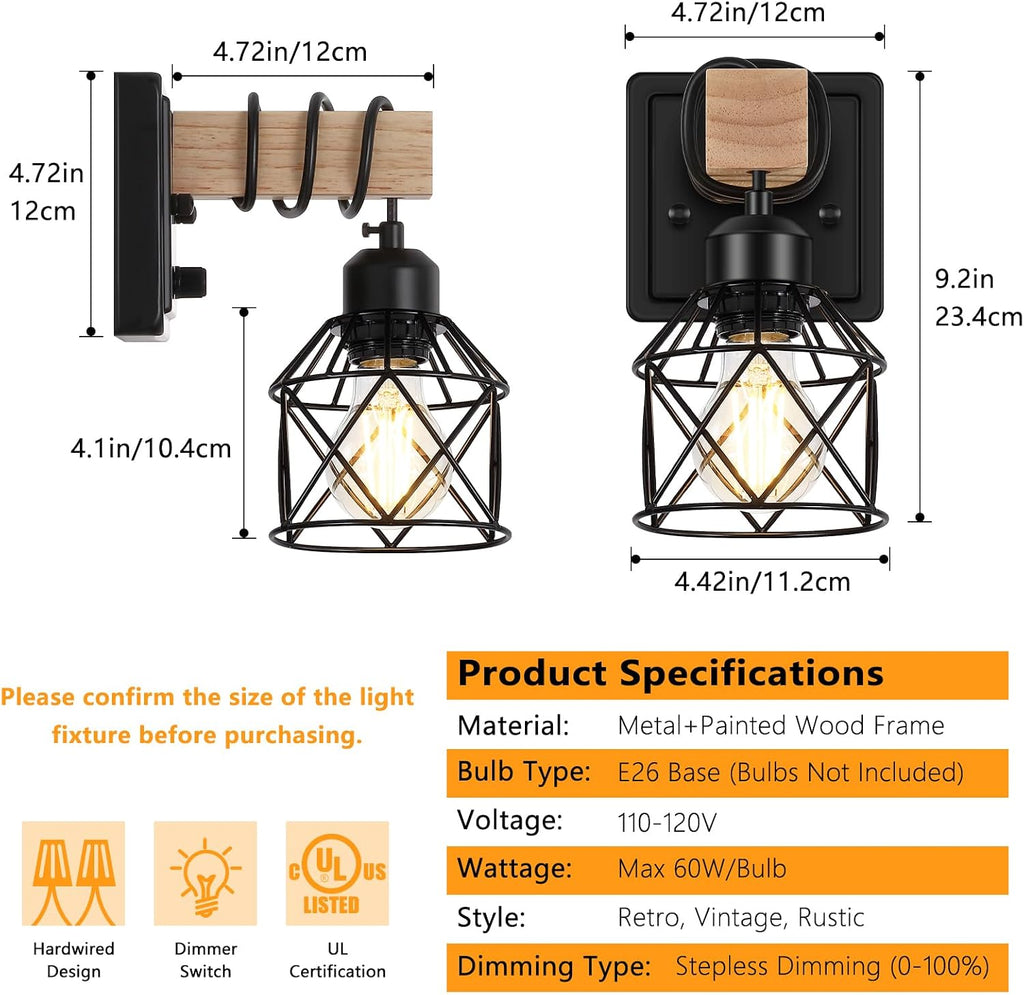 Wood Black Metal Cage Dimmable Wall Sconces Set of 2 with Rotary Switch