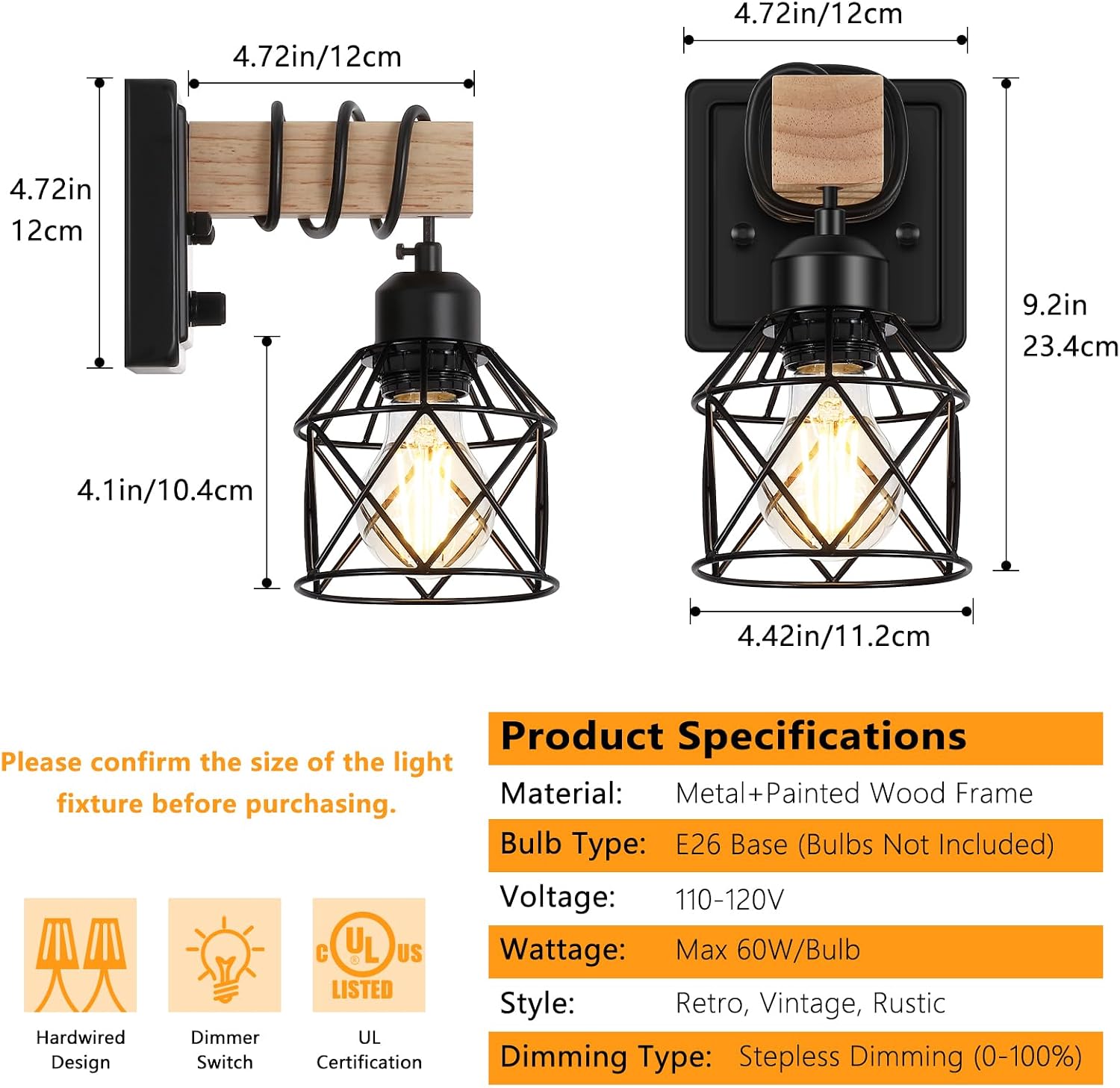 Wood Black Metal Cage Dimmable Wall Sconces Set of 2 with Rotary Switch