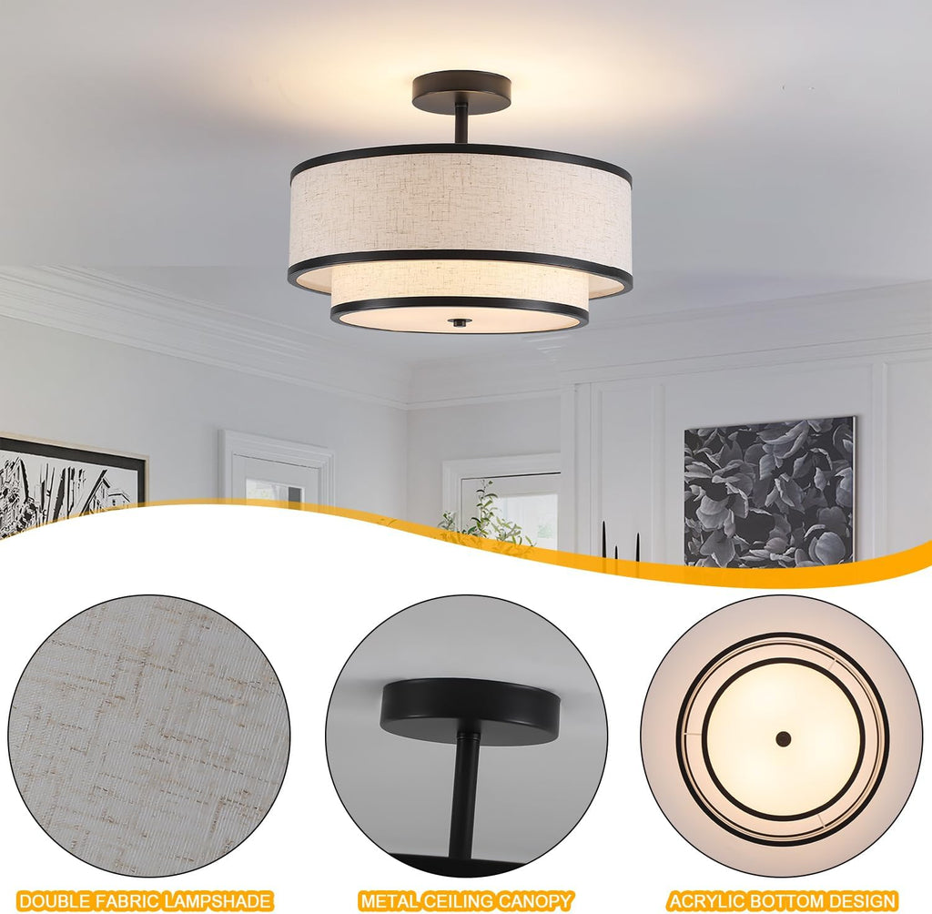 Black 3-Light Double Fabric Drum Flush Ceiling Light