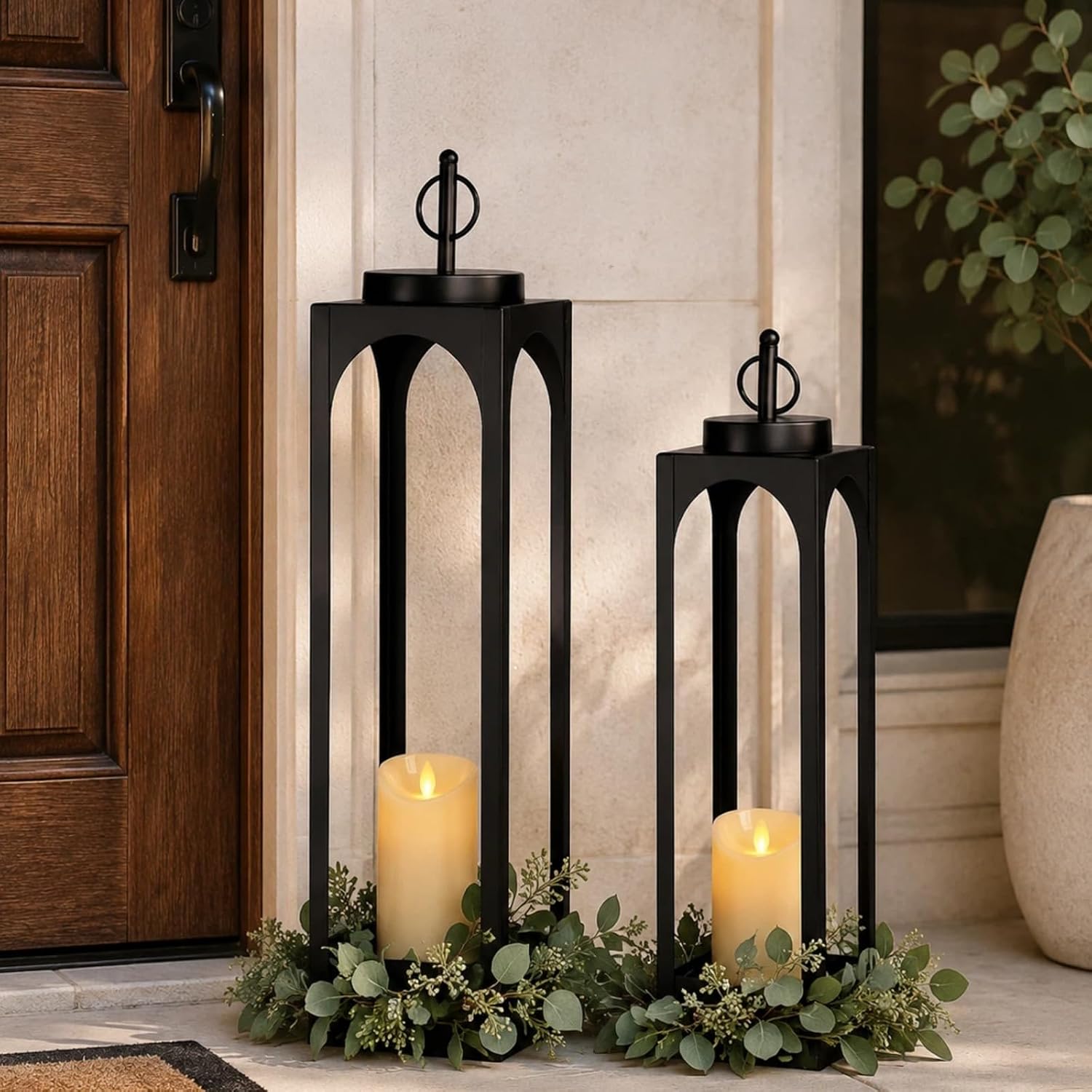 24&19" Black Floor Lanterns Set of 2