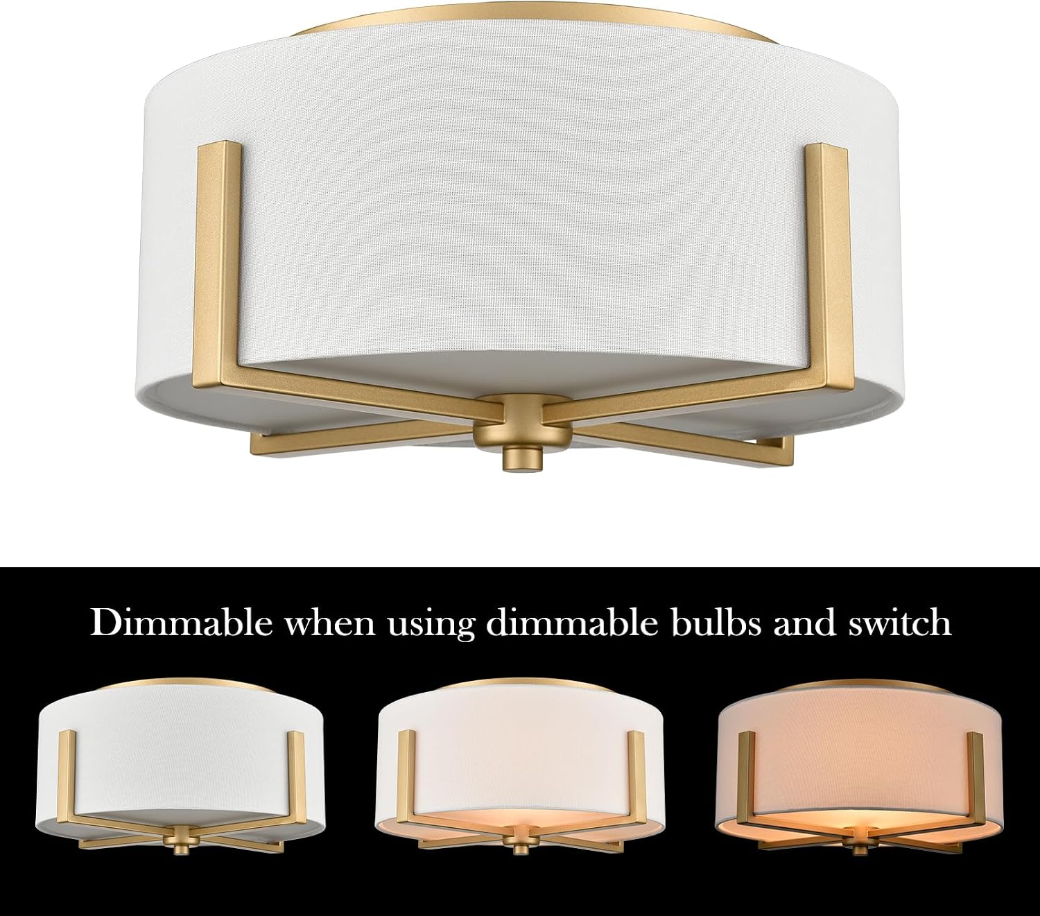 15.74" Gold Linen Shade 2-Light Drum Ceiling Light