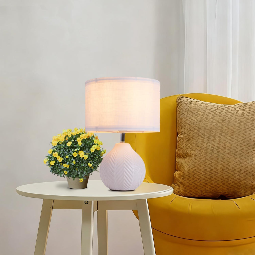 12" Leaf Pattern White Ceramic Table Lamp