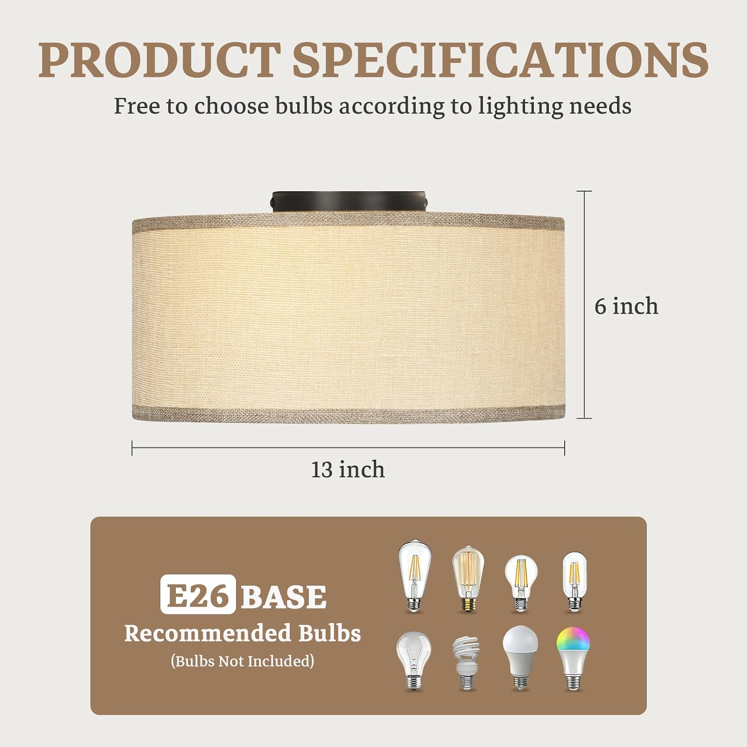13" Burlap Linen 3-Light Drum Semi Flush Ceiling Light