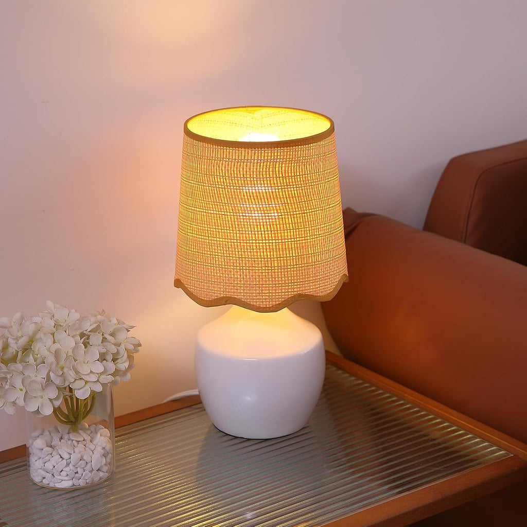 Boho Rattan Shade White Ceramic Table Lamp