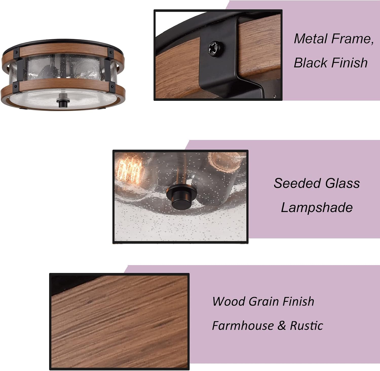 2-Light Black Wood Grain Seeded Glass Drum Ceiling Light
