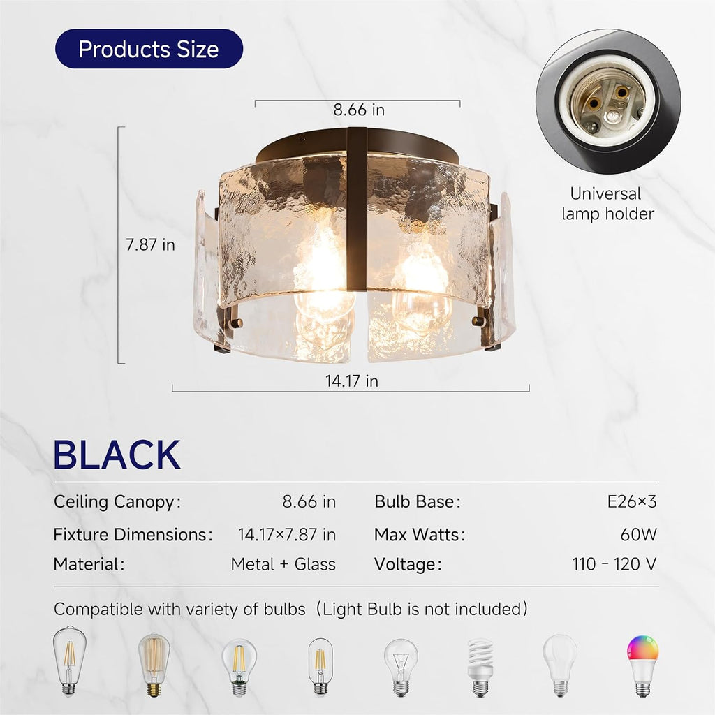14" Black Glass Drum Semi Flush Ceiling Light