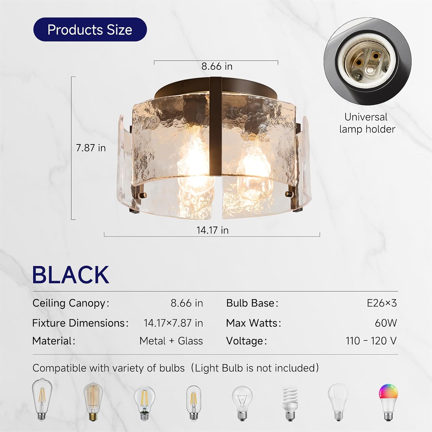 14" Black Glass Drum Semi Flush Ceiling Light