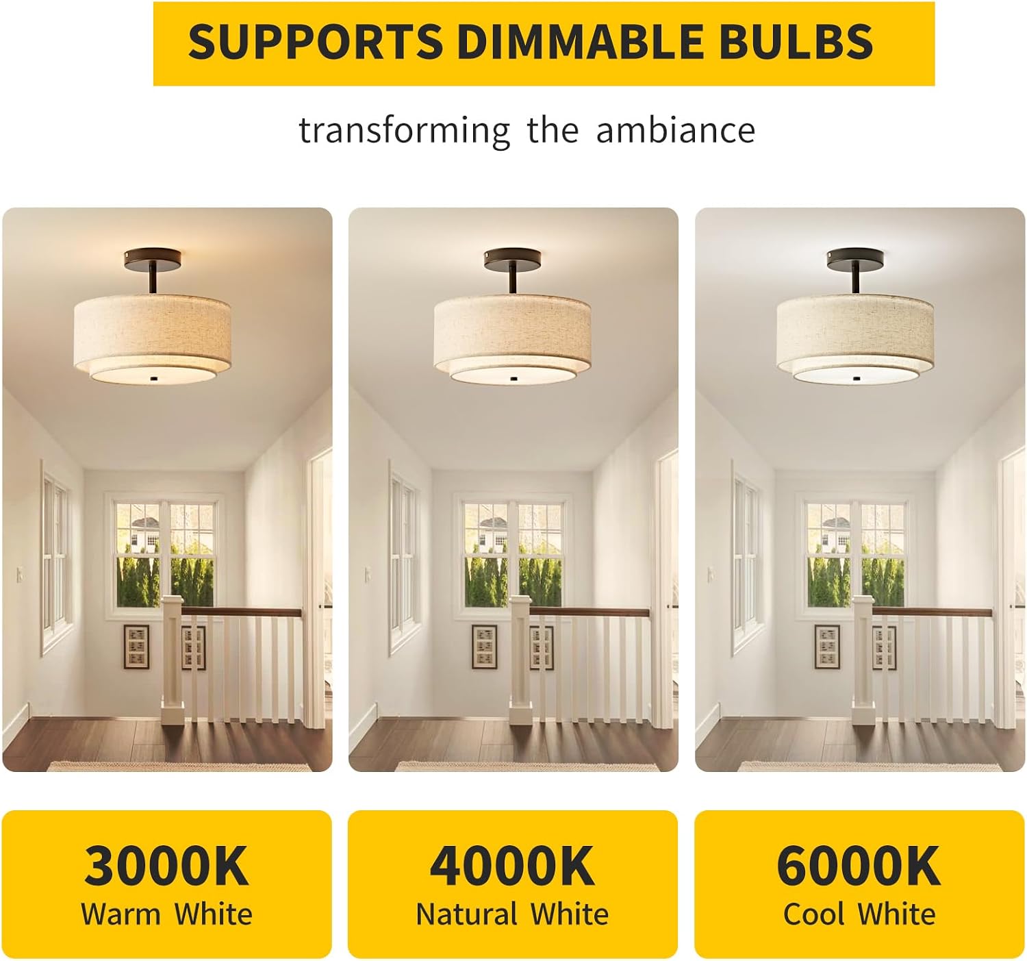 12.6" Black Linen 3-Light Drum Semi Flush Ceiling Light