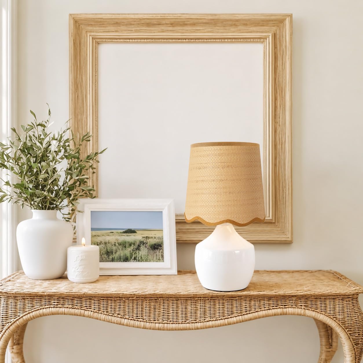 Boho Rattan Shade White Ceramic Table Lamp