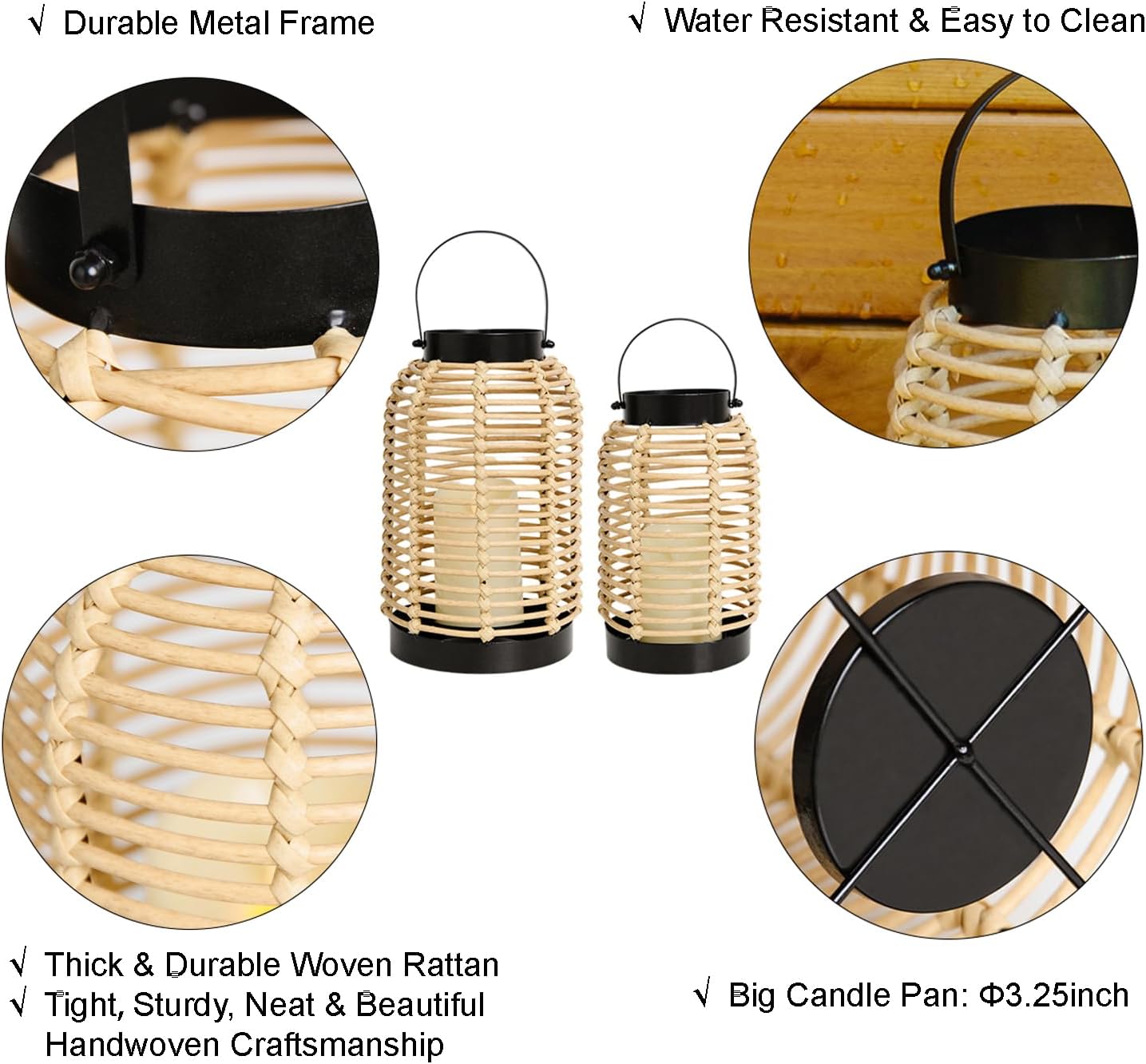 14" Black Rattan LED Lantern