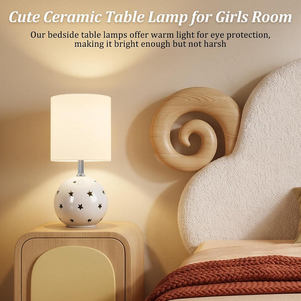 14" White Ceramic 3-Color Linen Shade Table Lamp