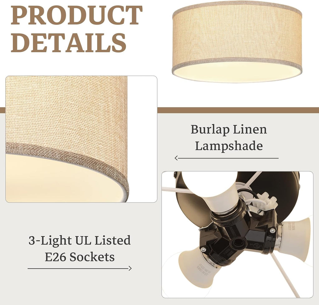13" Burlap Linen 3-Light Drum Semi Flush Ceiling Light