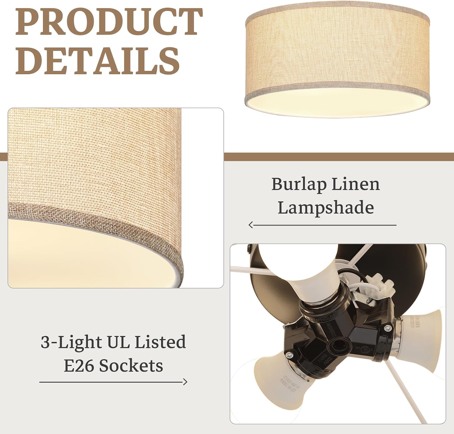 13" Burlap Linen 3-Light Drum Semi Flush Ceiling Light