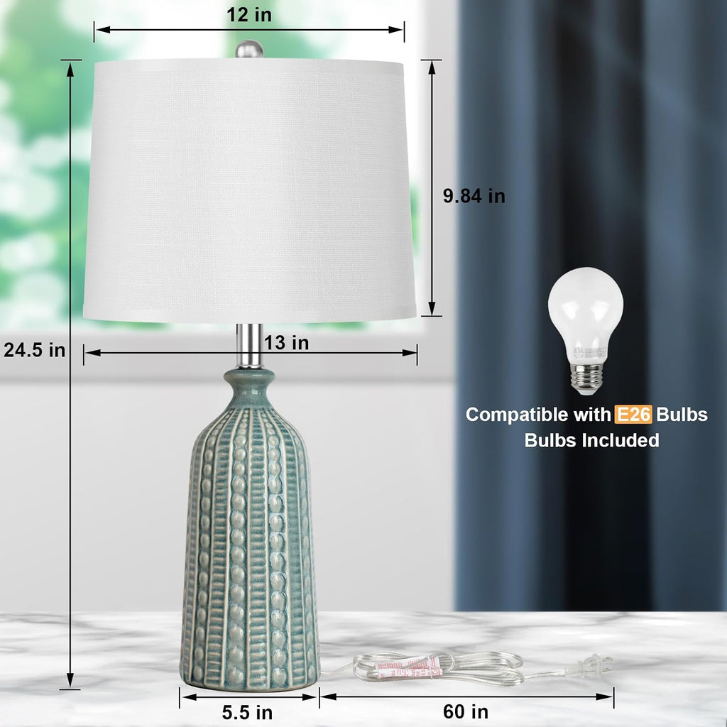 24.5" Green Ceramic 3-Way Dimmable Table Lamp with White Drum Shade