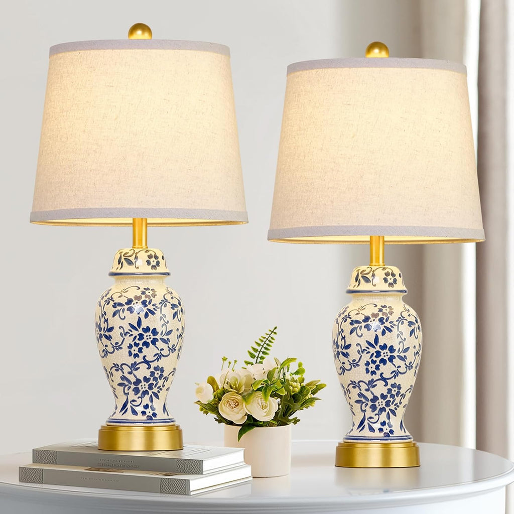Blue Porcelain Gold Accent Ceramic Table Lamps Set of 2 with Bulbs
