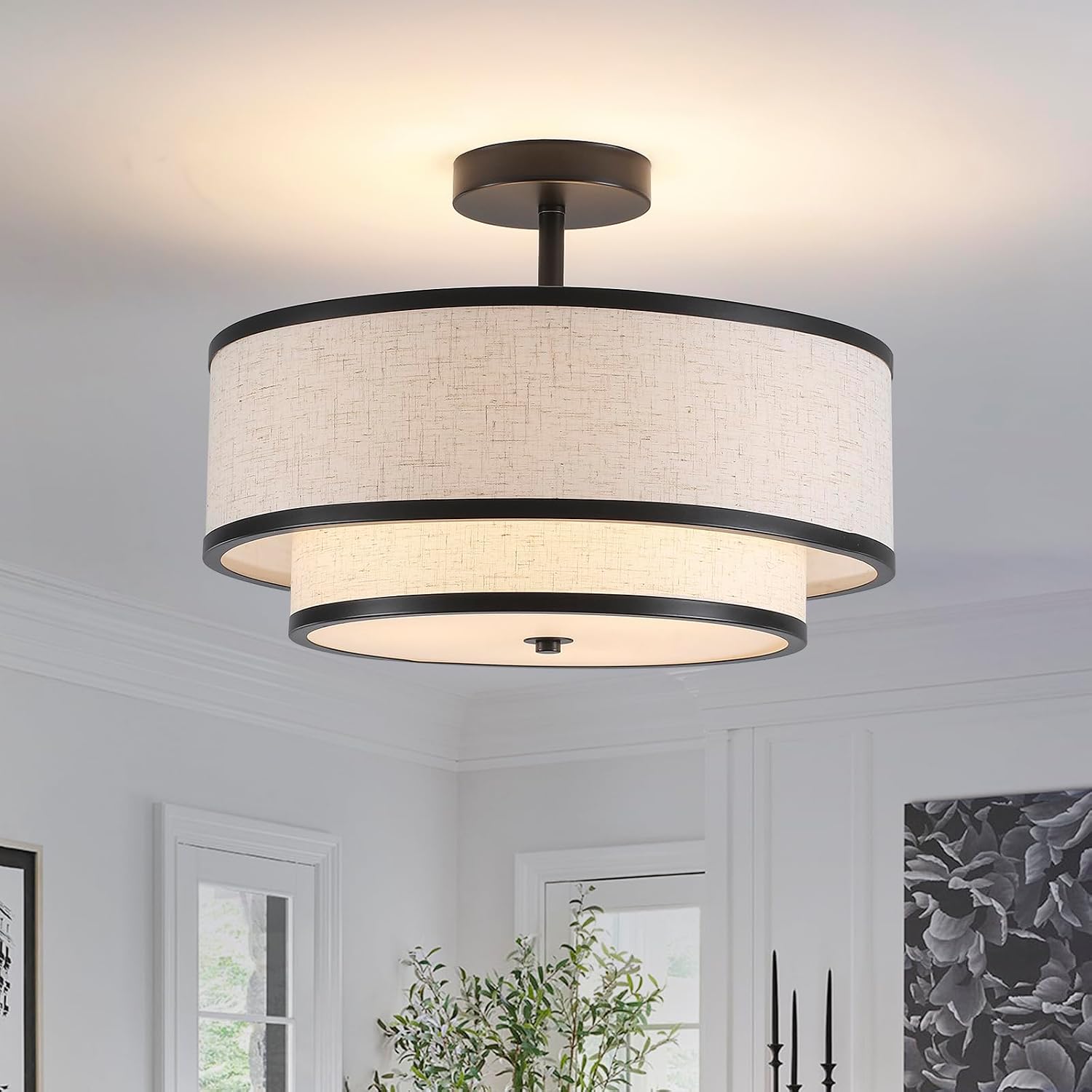 Black 3-Light Double Fabric Drum Flush Ceiling Light