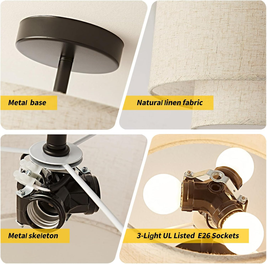 16" Linen Shade 3-Light Drum Semi Flush Ceiling Light