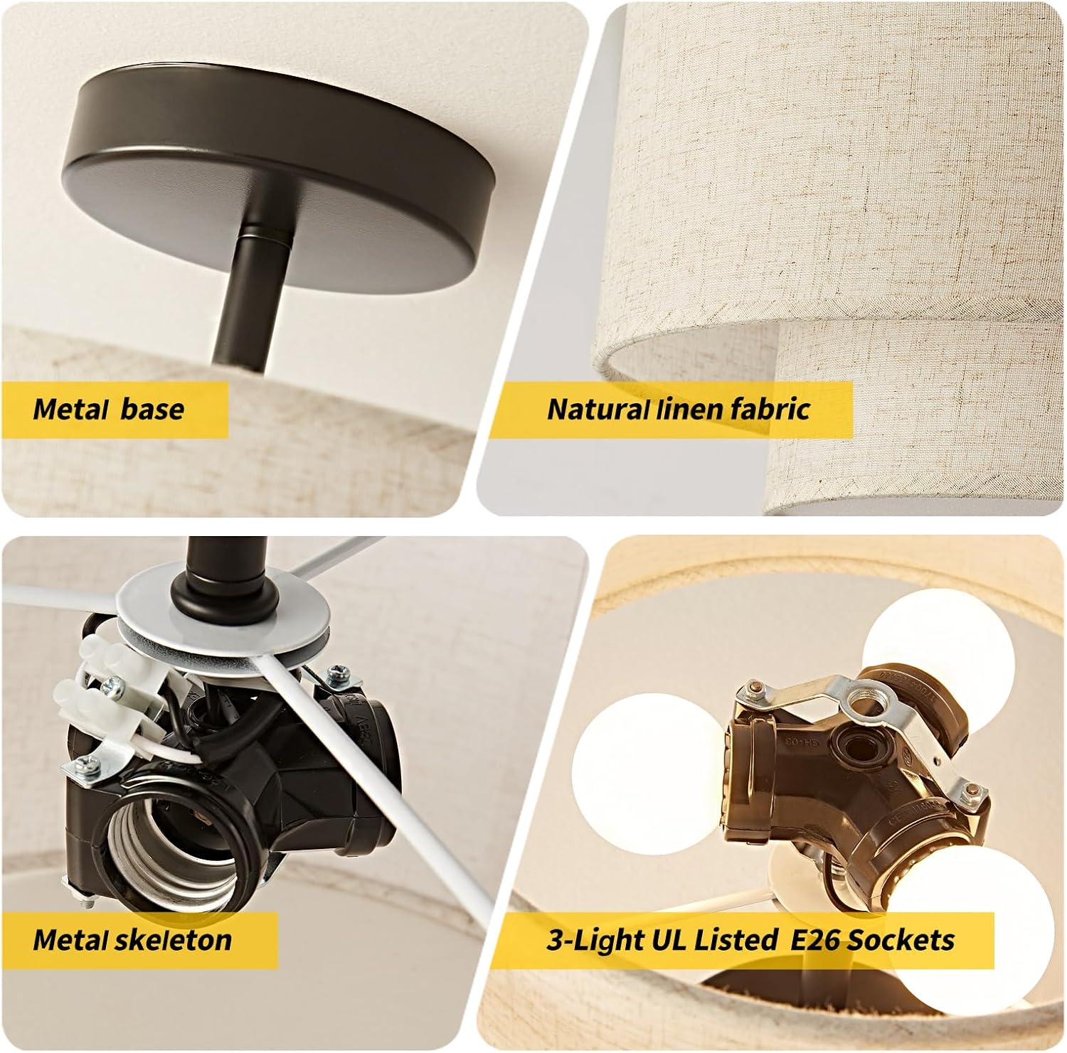 16" Linen Shade 3-Light Drum Semi Flush Ceiling Light