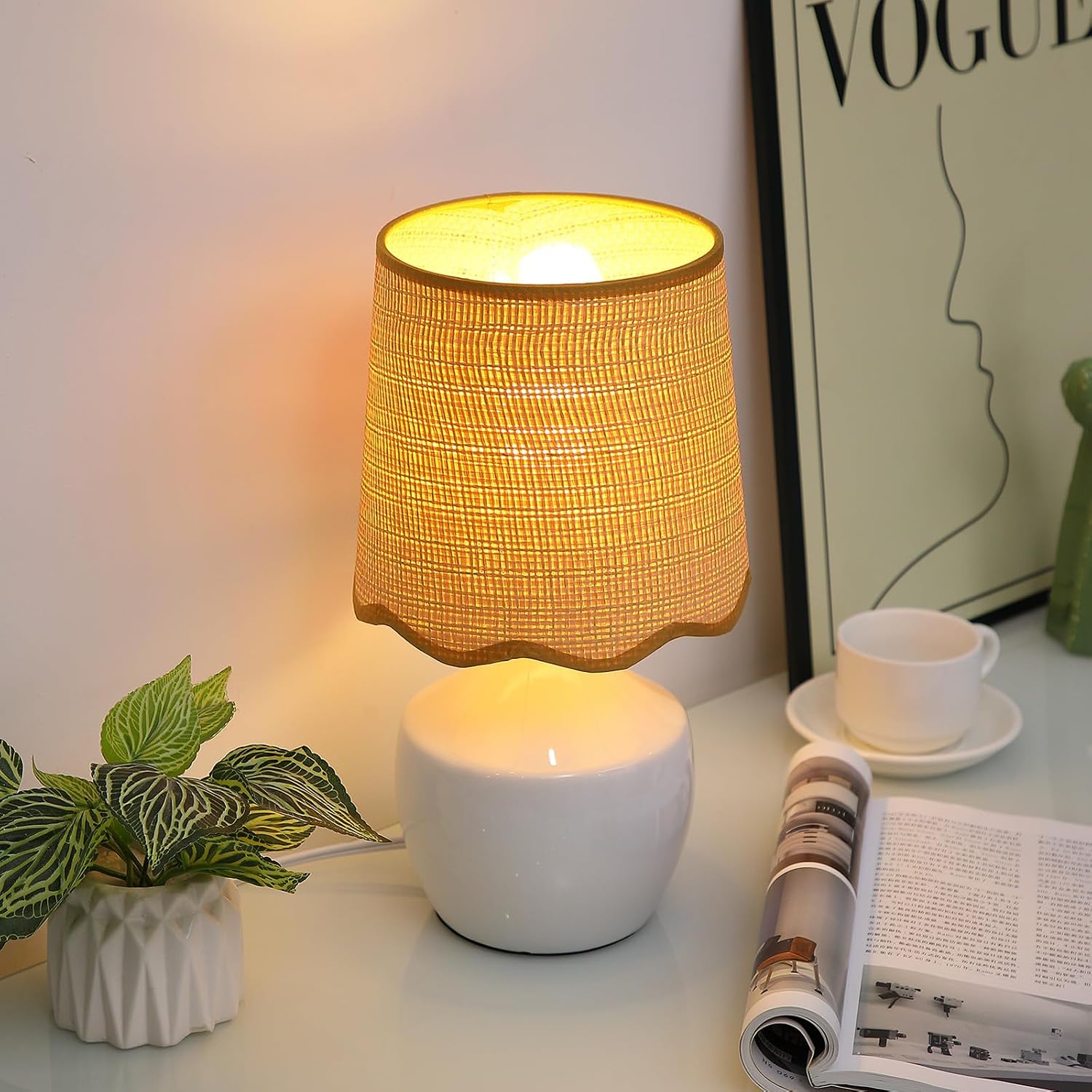 Boho Rattan Shade White Ceramic Table Lamp