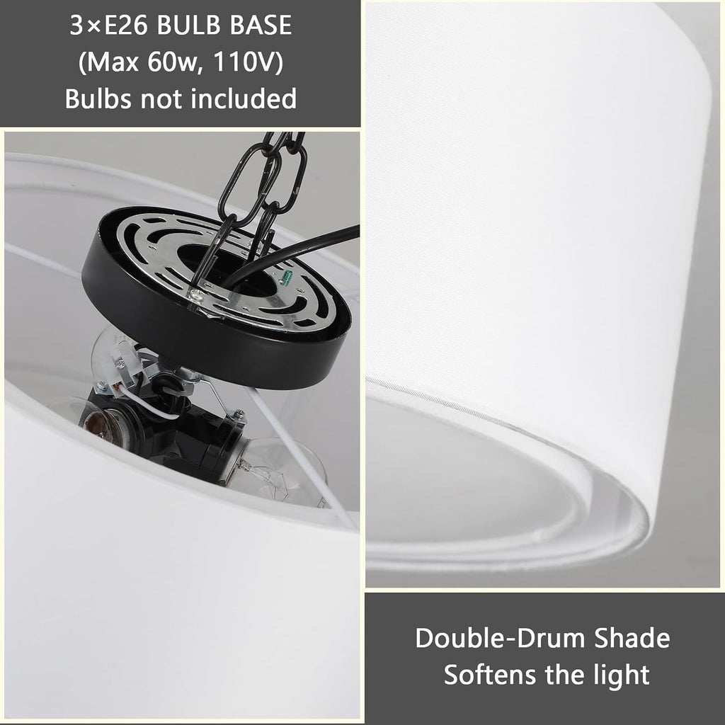 12.59" Double Fabric Drum 3-Light Ceiling Light