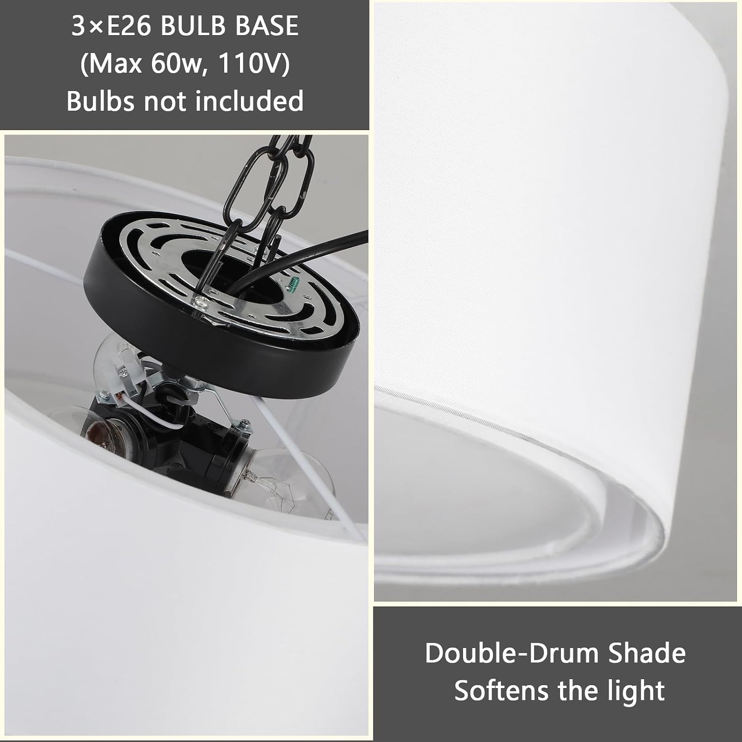12.59" Double Fabric Drum 3-Light Ceiling Light