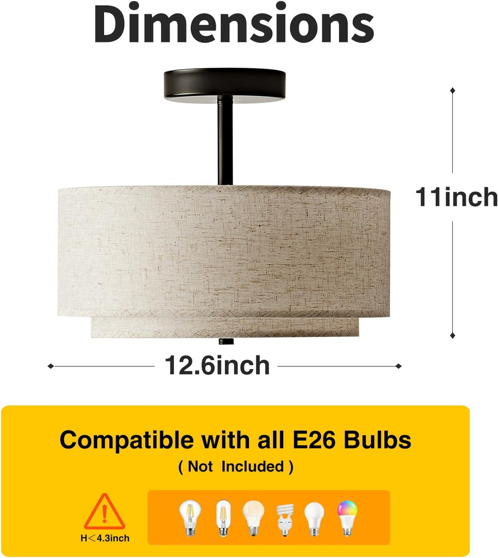 12.6" Black Linen 3-Light Drum Semi Flush Ceiling Light